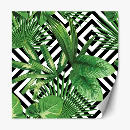 Adesivo riposizionabile motivo tropicale geometrico con foglie verdi • Wallissimo®