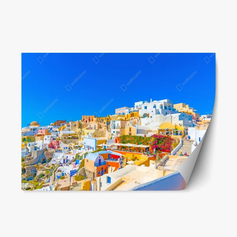 Adesivo riposizionabile vista di Oia, Santorini: villaggio di case bianche e colori mediterranei