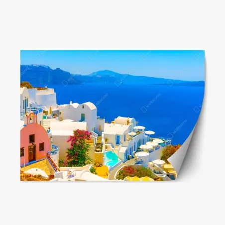 Adesivo riposizionabile panorama costiero di Oia, Santorini • Wallissimo®