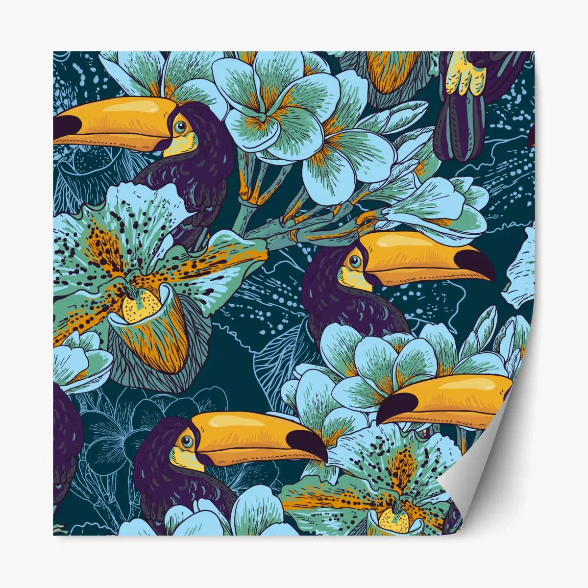 Adesivo riposizionabile tucani tropicali tra fiori esotici • Wallissimo®
