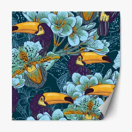 Adesivo riposizionabile tucani tropicali tra fiori esotici • Wallissimo®