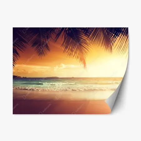Adesivo riposizionabile tramonto ai Caraibi con palme in silhouette • Wallissimo®