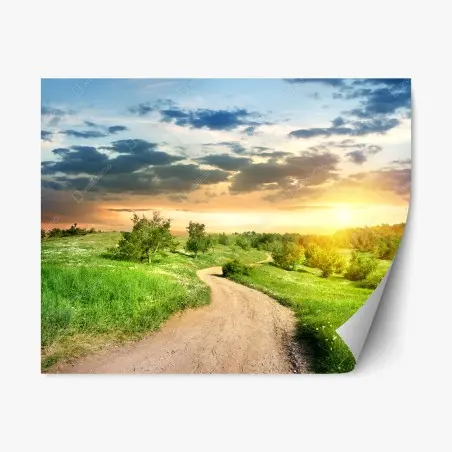 Adesivo riposizionabile sentiero di campagna al tramonto dorato • Wallissimo®
