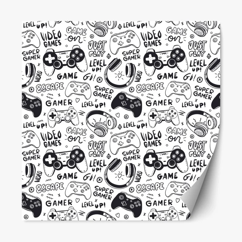 Adesivo riposizionabile pattern videogiochi e controller in bianco e nero