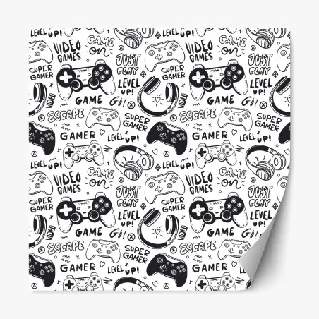 Adesivo riposizionabile pattern videogiochi e controller in bianco e nero • Wallissimo®