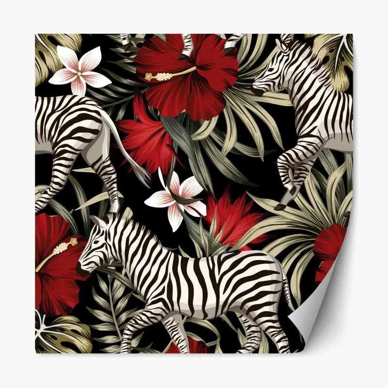 Adesivo riposizionabile motivo tropicale con zebre e fiori rossi
