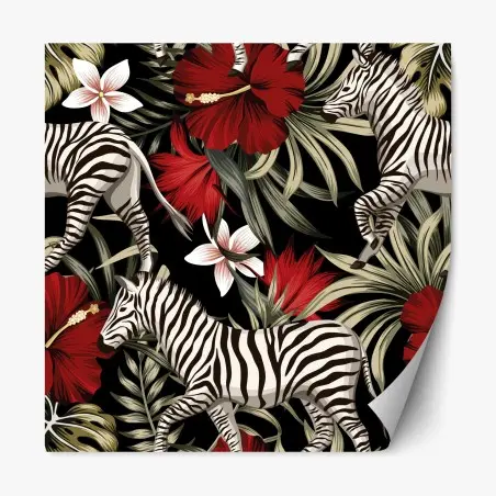 Adesivo riposizionabile motivo tropicale con zebre e fiori rossi • Wallissimo®