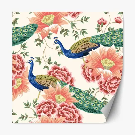 Adesivo riposizionabile pavoni e fiori in stile botanico • Wallissimo®