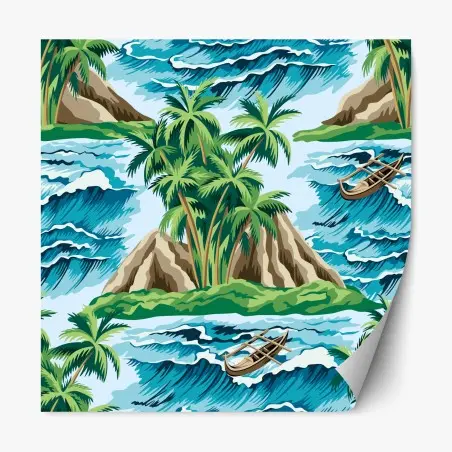 Adesivo riposizionabile oasi tropicale tra palme e onde • Wallissimo®