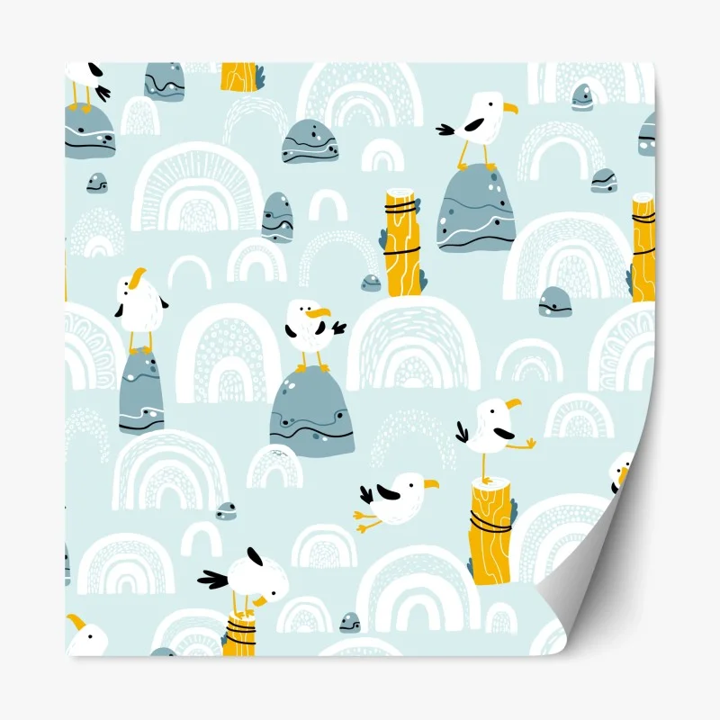 Adesivo riposizionabile gabbiani su scogli e archi marini in stile nordico