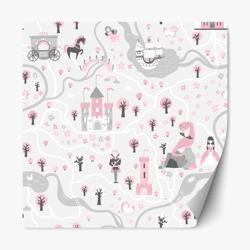 Adesivo riposizionabile mappa del regno fiabesco in rosa e grigio