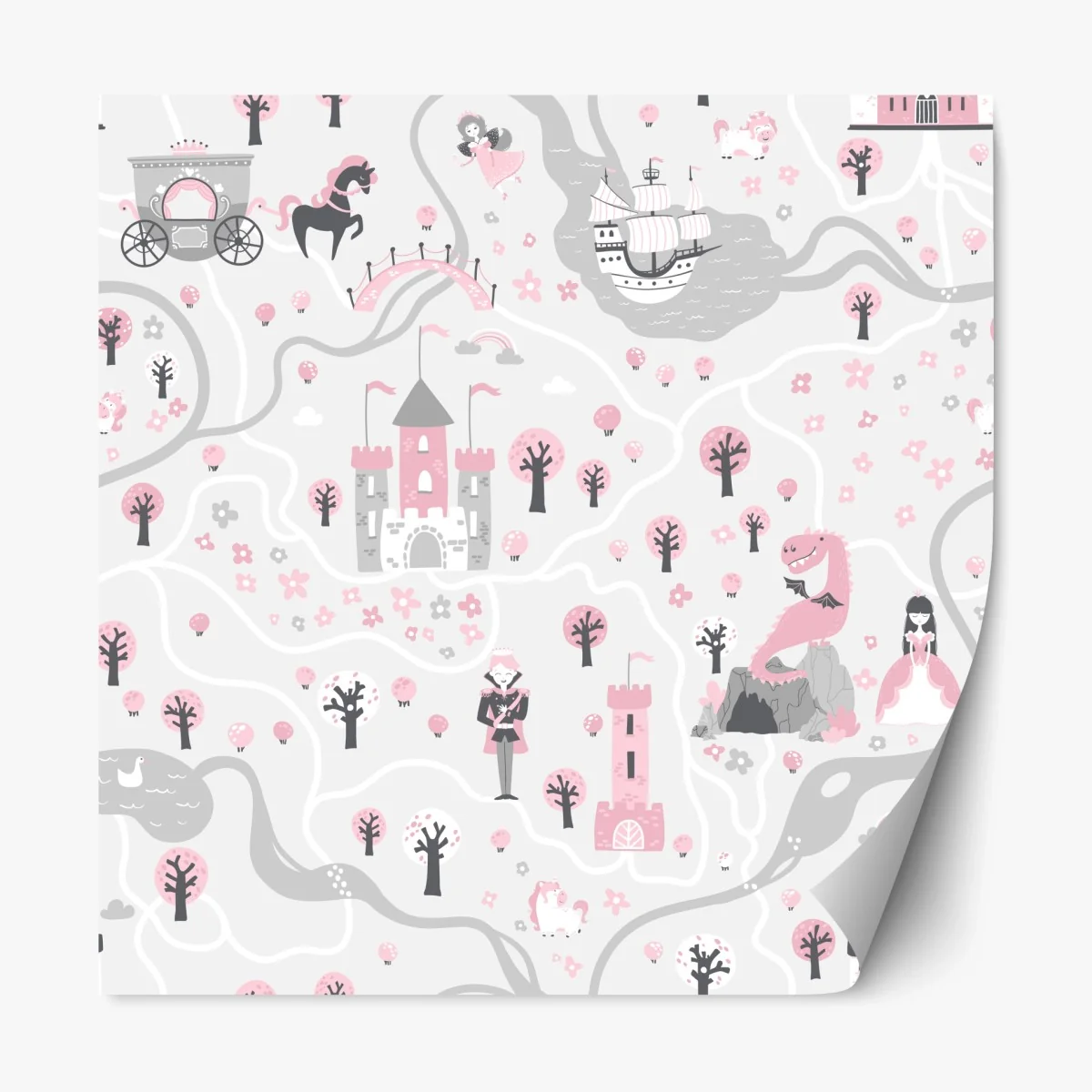 Adesivo riposizionabile mappa del regno fiabesco in rosa e grigio • Wallissimo® Adesivo riposizionabile mappa del regno fiabesco in rosa e grigio • Wallissimo®