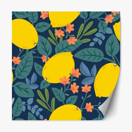 Adesivo riposizionabile motivo limoni e foglie su sfondo blu scuro • Wallissimo®