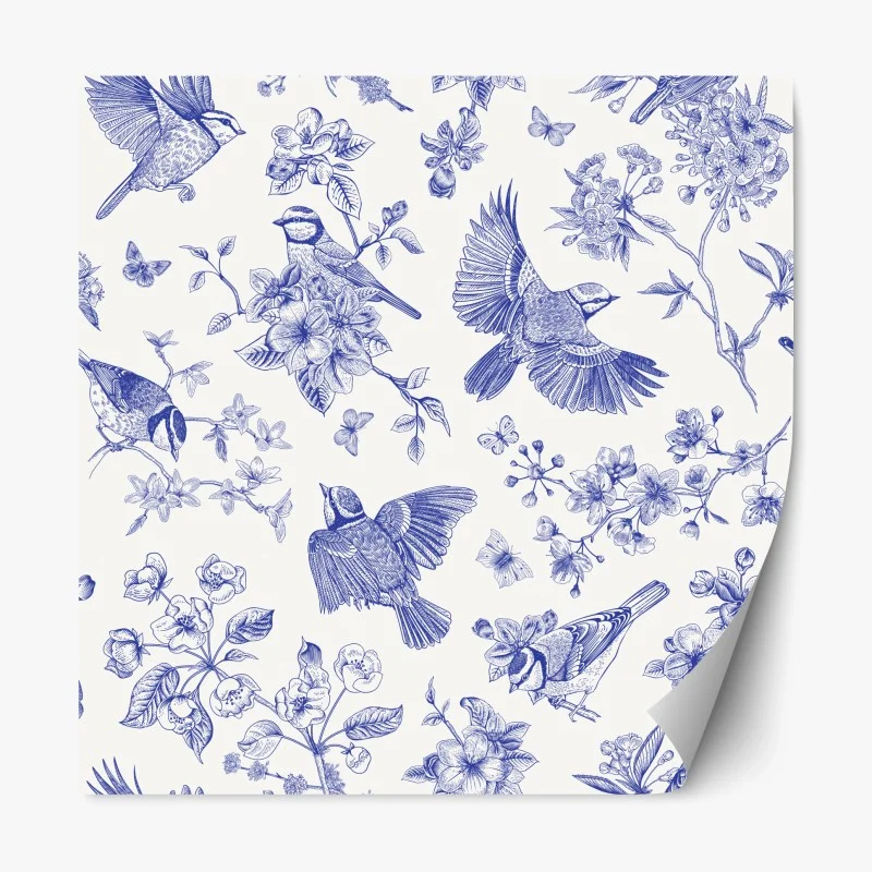 Adesivo riposizionabile motivo botanico con uccelli in inchiostro blu