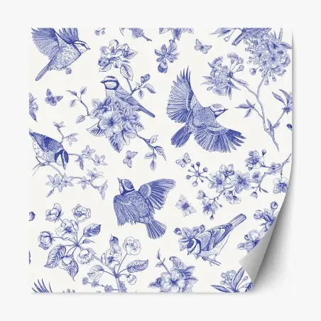 Adesivo riposizionabile motivo botanico con uccelli in inchiostro blu • Wallissimo®