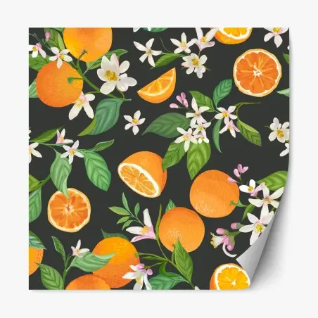 Adesivo riposizionabile motivo di arance e fiori d'arancio su sfondo scuro • Wallissimo®