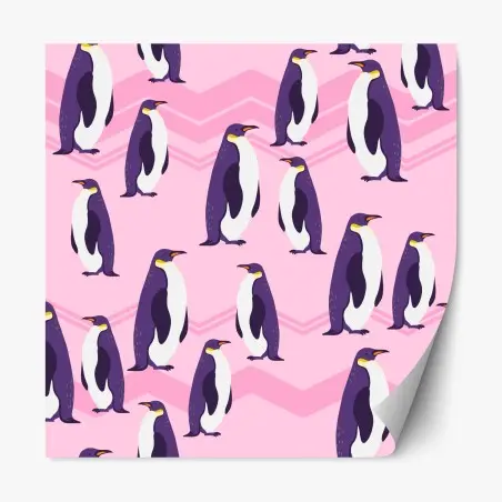 Adesivo riposizionabile pinguini viola su sfondo rosa a zigzag • Wallissimo®