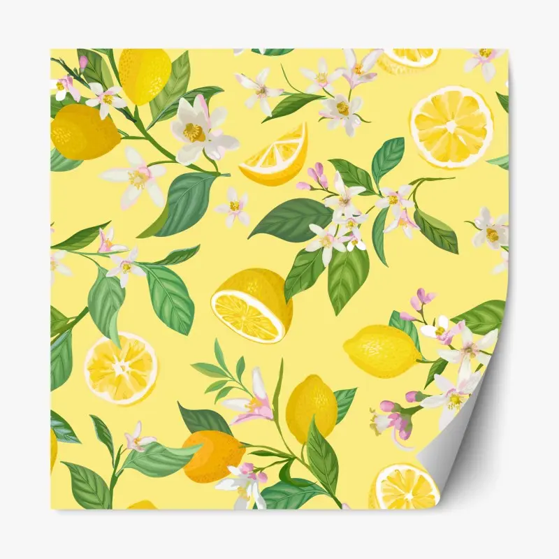 Adesivo riposizionabile motivo limoni e fiori su sfondo giallo