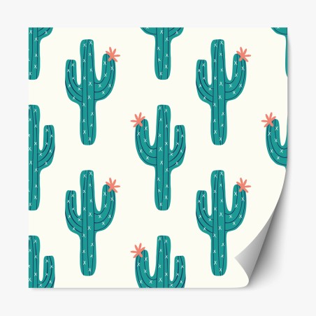 Adesivo riposizionabile pattern di cactus turchese con fiore rosa • Wallissimo®