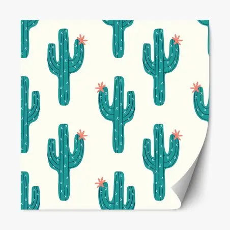 Adesivo riposizionabile pattern di cactus turchese con fiore rosa • Wallissimo®