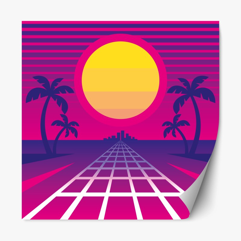 Adesivo riposizionabile tramonto synthwave al neon