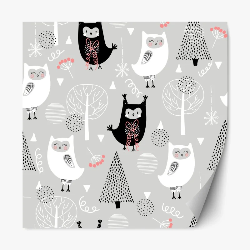 Adesivo riposizionabile gufetti invernali su sfondo grigio