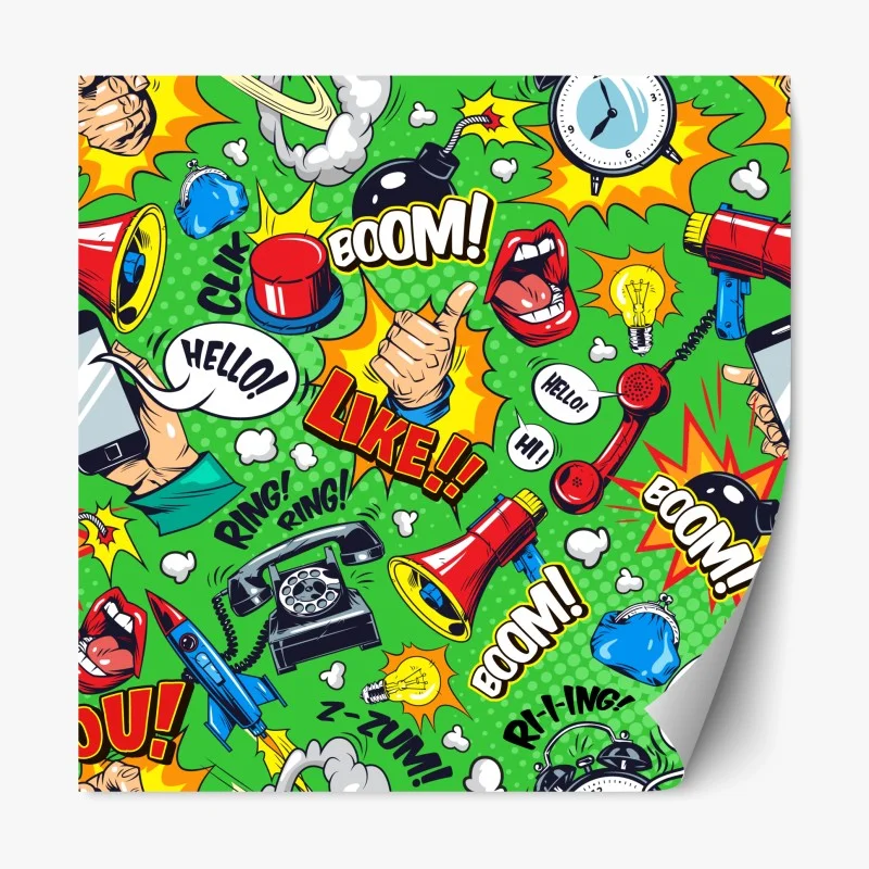 Adesivo riposizionabile esplosione pop art di icone di comunicazione colorata