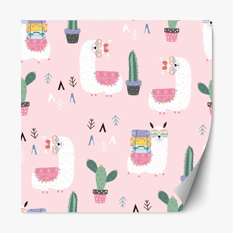 Adesivo riposizionabile fantasia alpaca e cactus su sfondo rosa