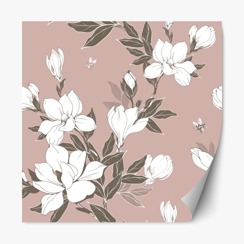 Adesivo riposizionabile motivo di magnolie bianche su sfondo rosa antico