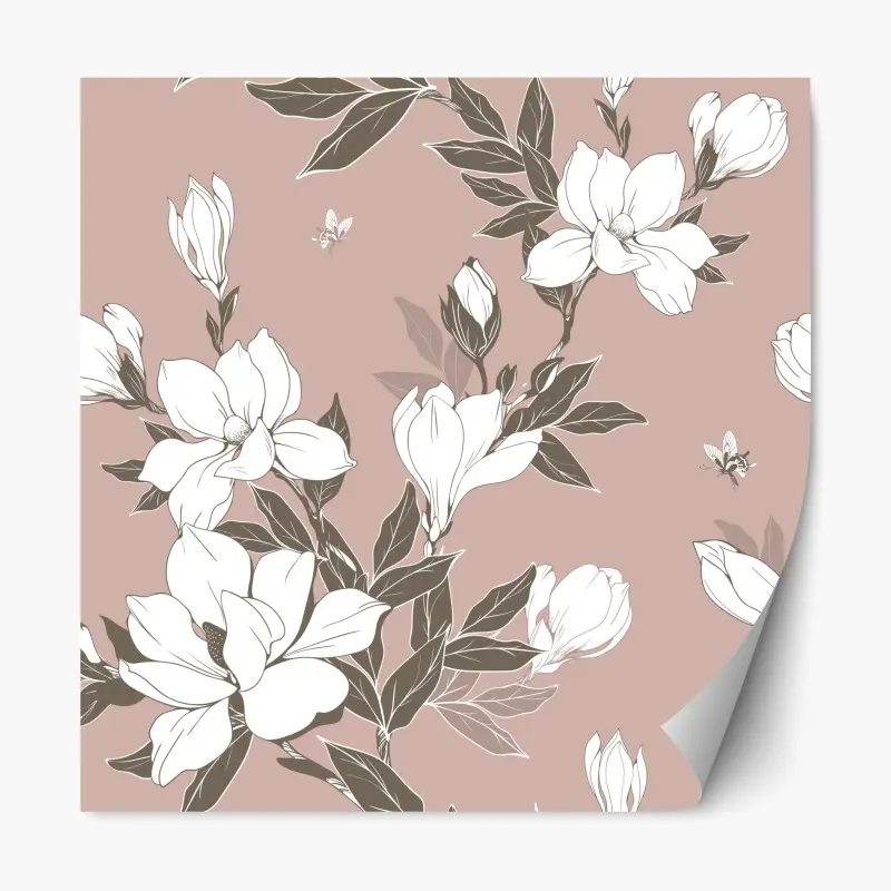 Adesivo riposizionabile motivo di magnolie bianche su sfondo rosa antico