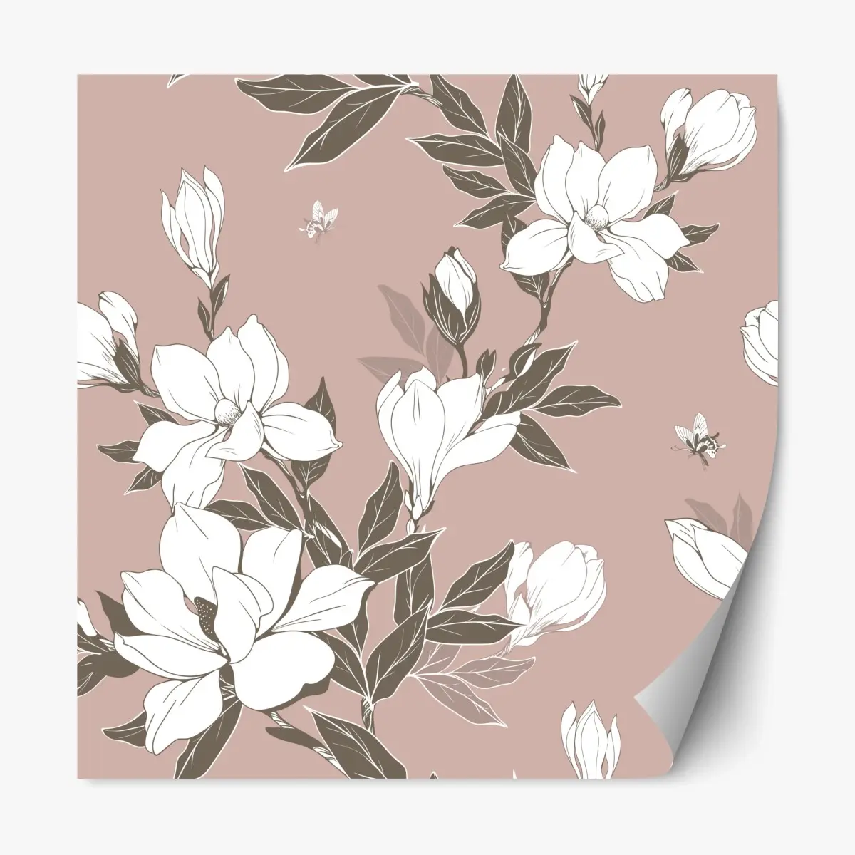 Adesivo riposizionabile motivo di magnolie bianche su sfondo rosa antico • Wallissimo®