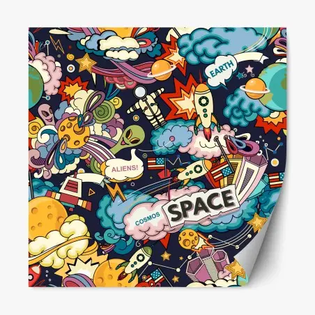 Adesivo riposizionabile avventura spaziale in stile fumetto colorata • Wallissimo®