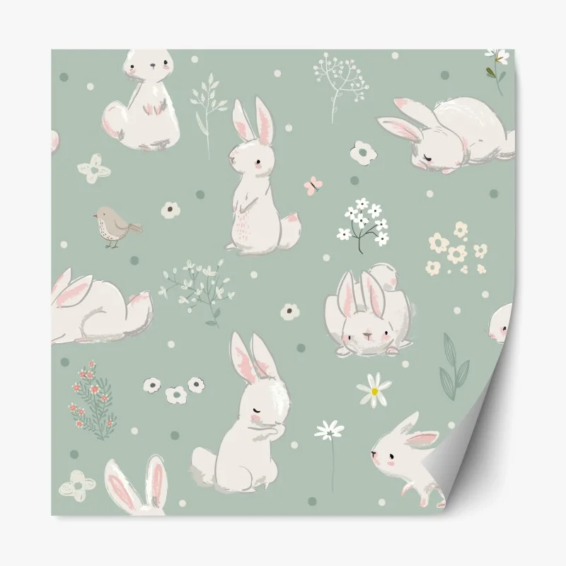 Adesivo riposizionabile coniglietti pastello su sfondo verde