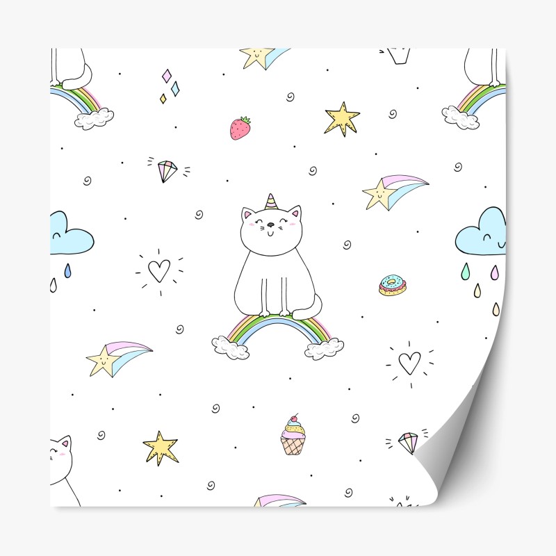Adesivo riposizionabile gatto arcobaleno in stile kawaii