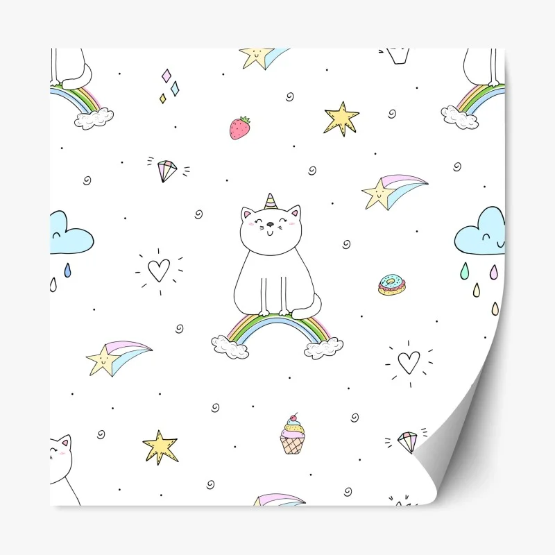Adesivo riposizionabile gatto arcobaleno in stile kawaii
