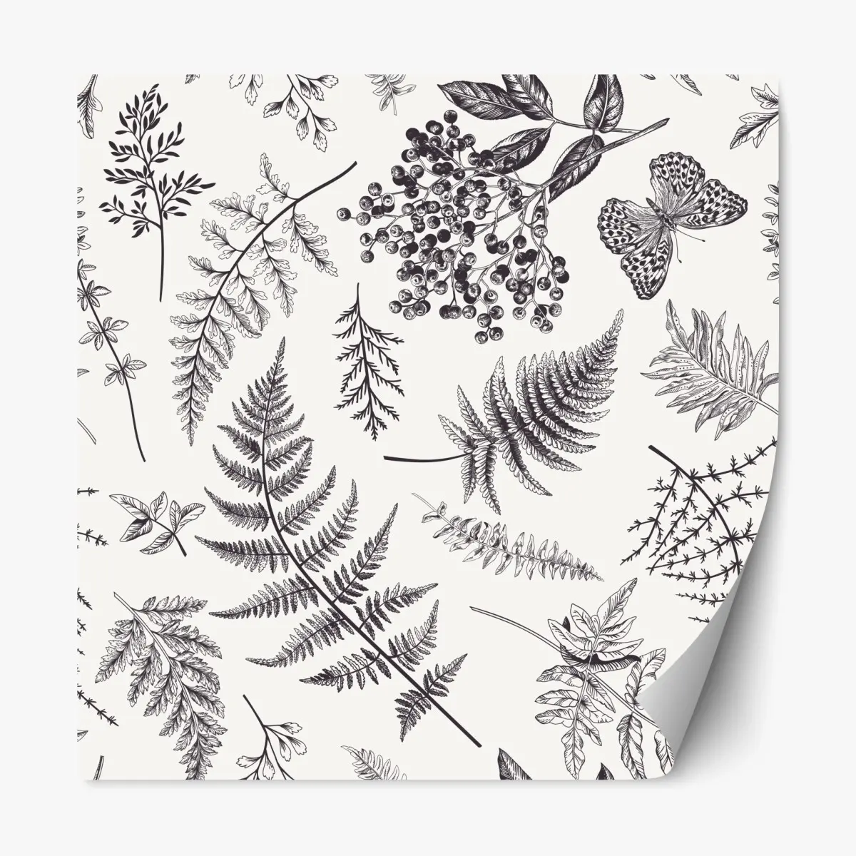 Adesivo riposizionabile eleganza botanica con felci e bacche • Wallissimo®