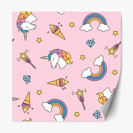 Adesivo riposizionabile motivo magico di unicorni e arcobaleni su sfondo rosa • Wallissimo®