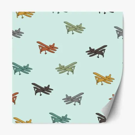 Adesivo riposizionabile cieli vintage con biplani colorati • Wallissimo®