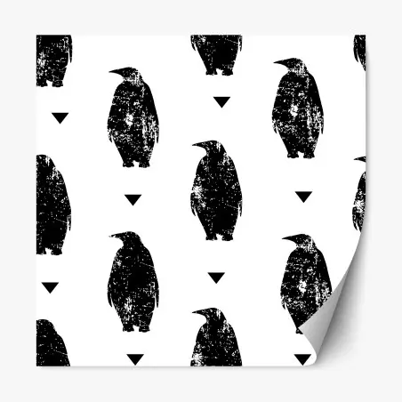 Adesivo riposizionabile pinguini minimal in bianco e nero con effetto vintage • Wallissimo®