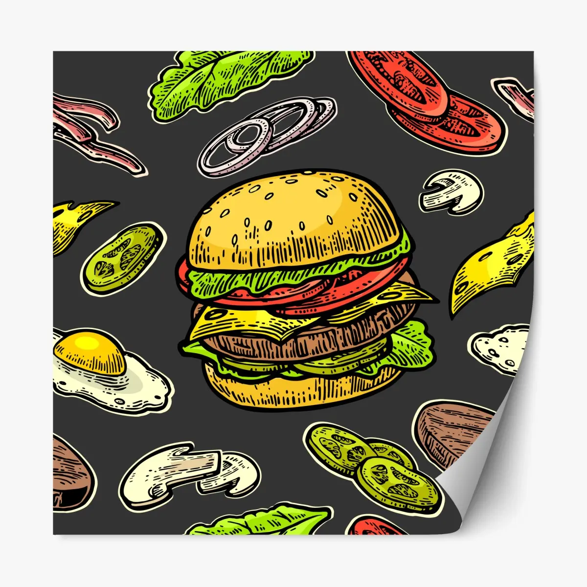 Adesivo riposizionabile hamburger e ingredienti in stile vintage • Wallissimo®