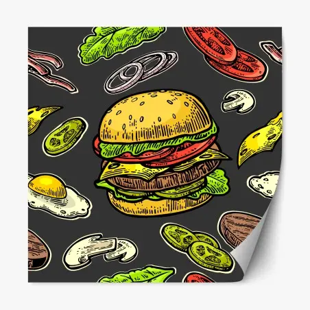 Adesivo riposizionabile hamburger e ingredienti in stile vintage • Wallissimo®