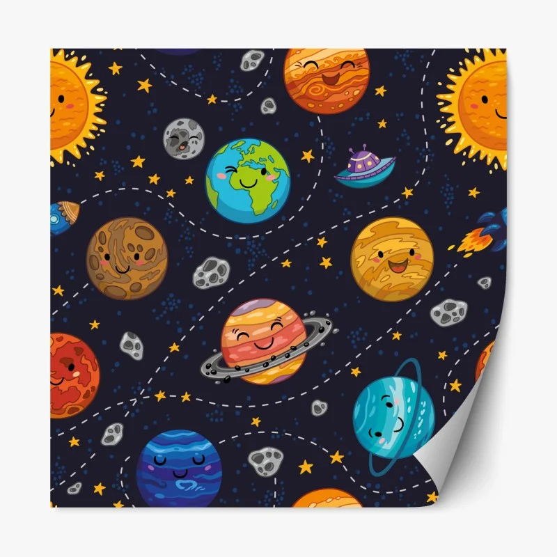 Adesivo riposizionabile universo allegro di pianeti sorridenti