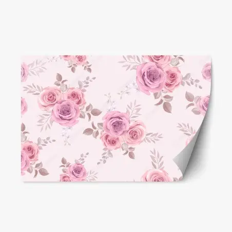 Adesivo riposizionabile bouquet di rose rosa su fondo rosa pastello • Wallissimo®