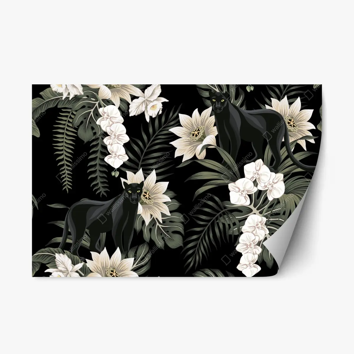 Adesivo riposizionabile pantera nera tra fiori tropicali • Wallissimo®