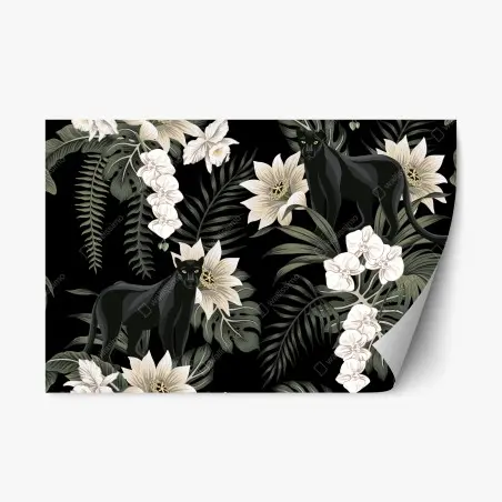 Adesivo riposizionabile pantera nera tra fiori tropicali • Wallissimo®