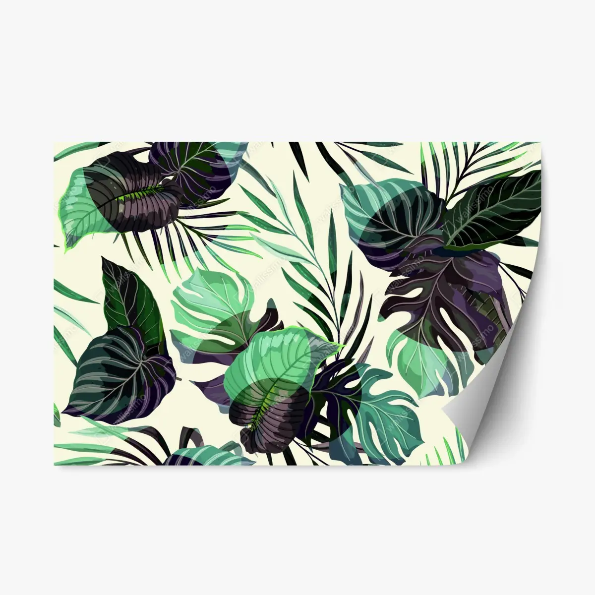Adesivo riposizionabile motivo foglie tropicali verde e nero su sfondo crema • Wallissimo®