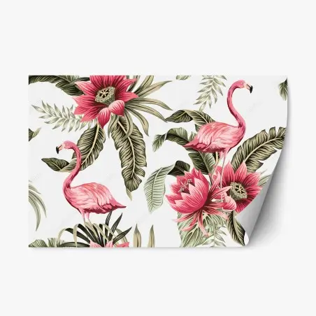 Adesivo riposizionabile motivo tropicale con fenicotteri e fiori esotici • Wallissimo®