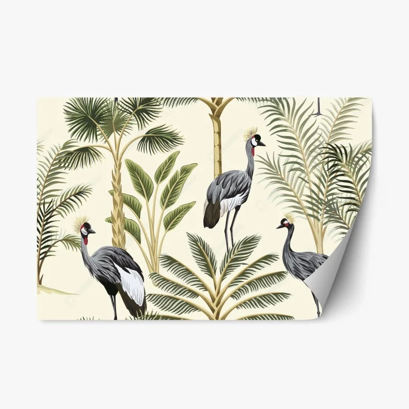 Adesivo riposizionabile gru coronate tra palme tropicali e foglie decorative