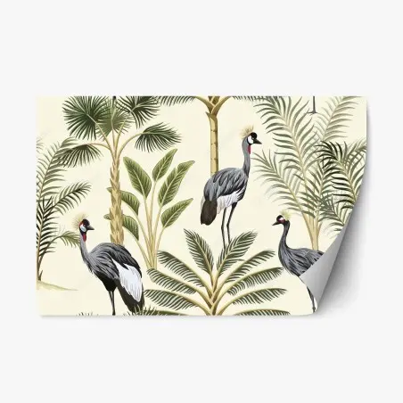 Adesivo riposizionabile gru coronate tra palme tropicali e foglie decorative • Wallissimo®