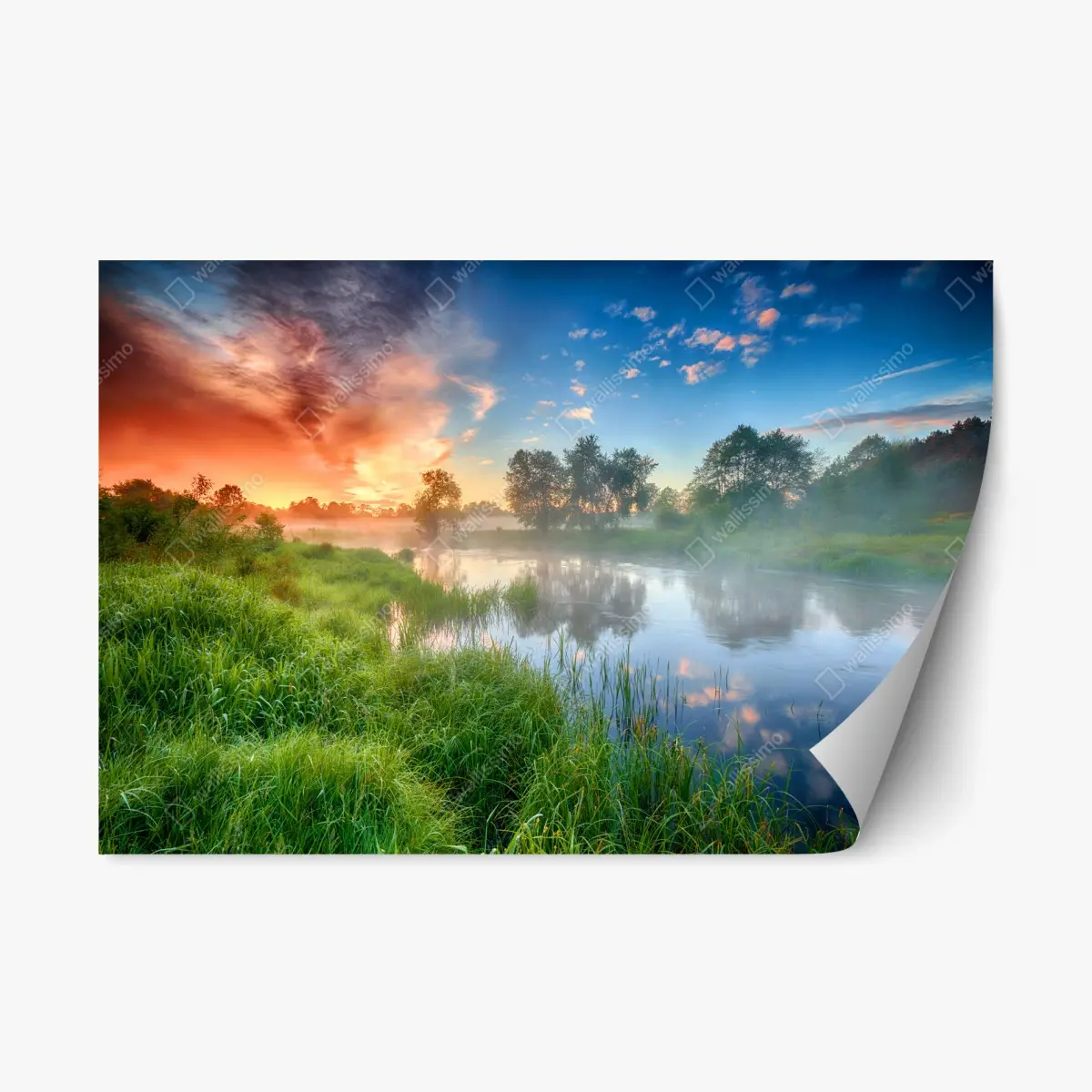 Adesivo riposizionabile alba estiva sul fiume nebbioso • Wallissimo®